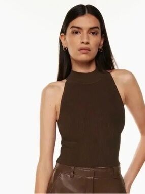 Aritzia Babaton Brown Ribbed High-Neck Top